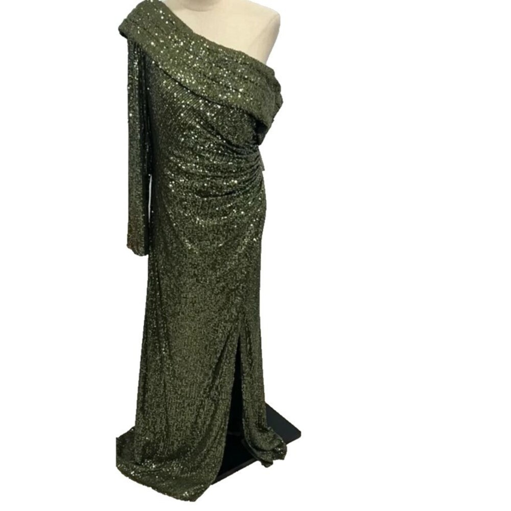 MAC DUGGAL 26571 One Shoulder Long Sleeve Thigh High Slit Sequin Gown 12 OLIVE - Picture 7 of 11